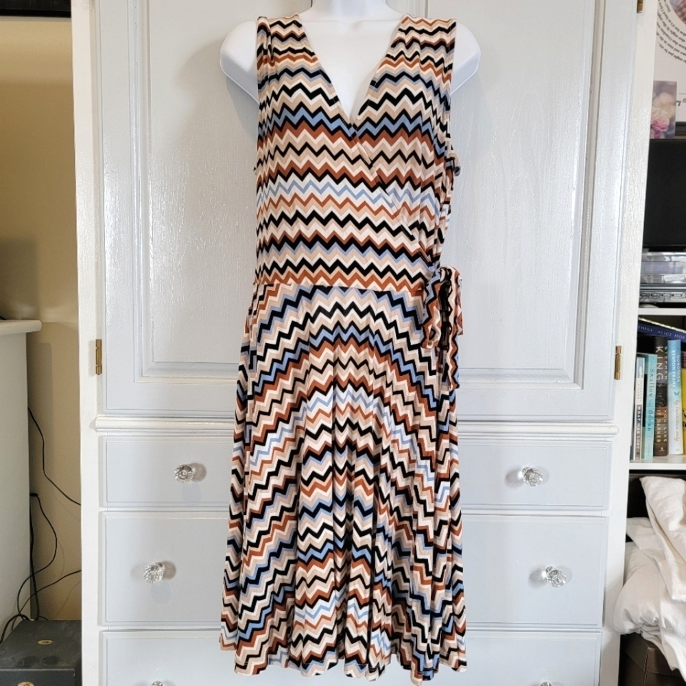 Lascana For Venus Chevron Zigzag Short Sleeve Wrap Knit Dress Cream Blue Size M